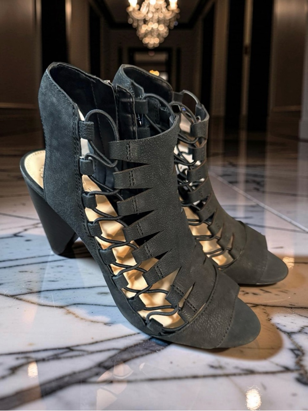 Vince Camuto Black Strappy Cutout Block Heel Sandals -8